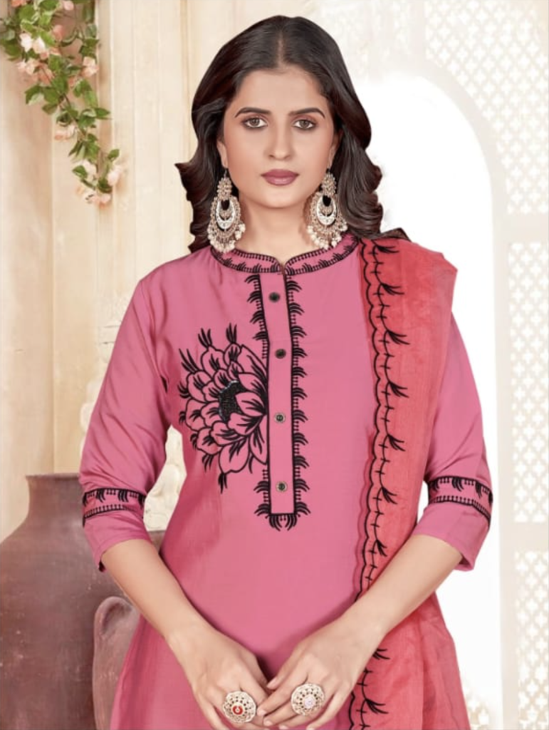 roman silk handwork embroidery kurti pant with dupatta